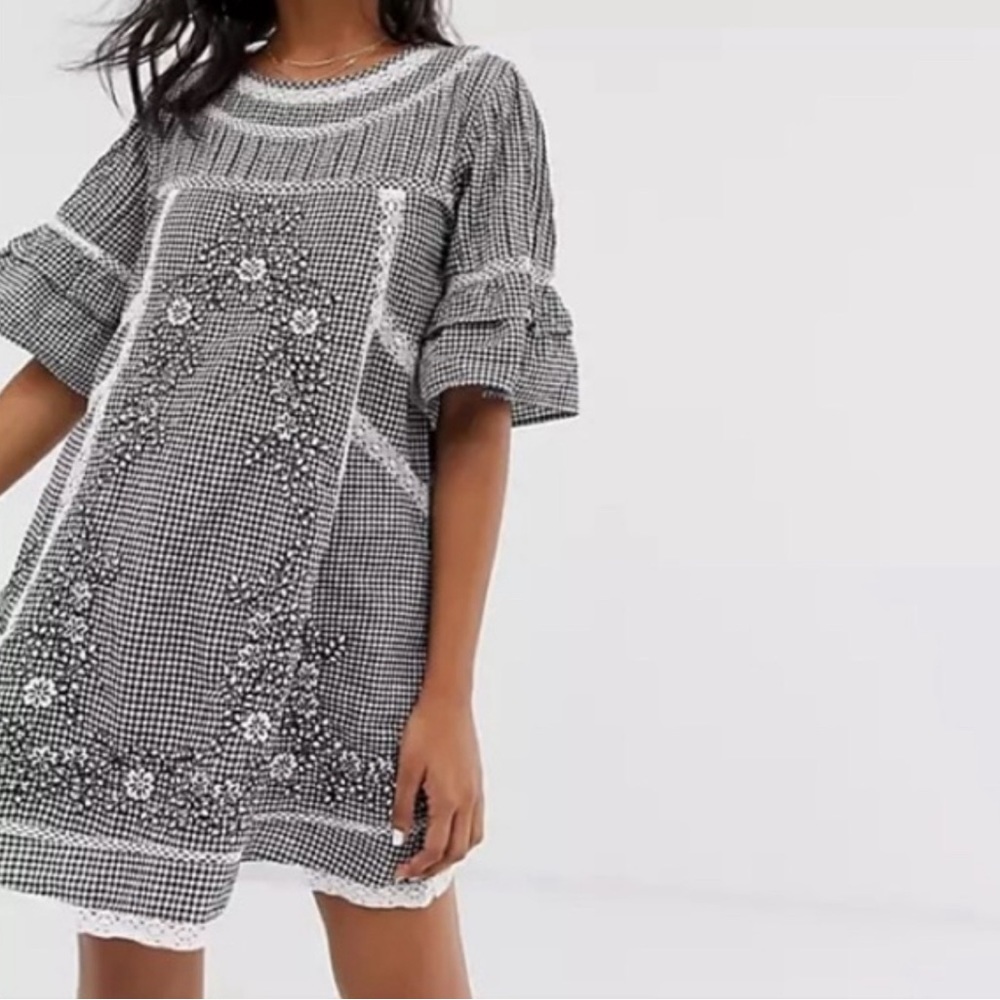 FREE PEOPLE XS Sunny Day Black & White Gingham Embroidered Mini Dress Orig $150